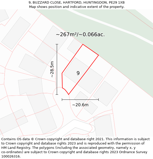 9, BUZZARD CLOSE, HARTFORD, HUNTINGDON, PE29 1XB: Plot and title map