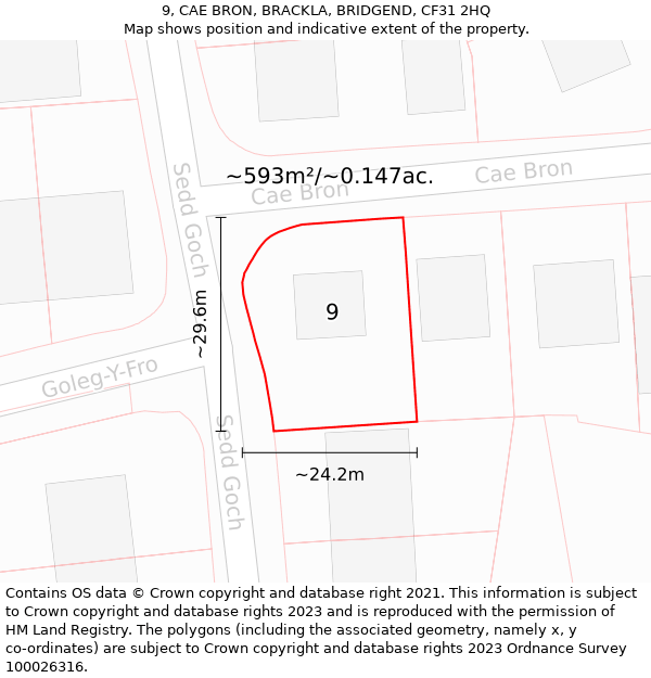 9, CAE BRON, BRACKLA, BRIDGEND, CF31 2HQ: Plot and title map