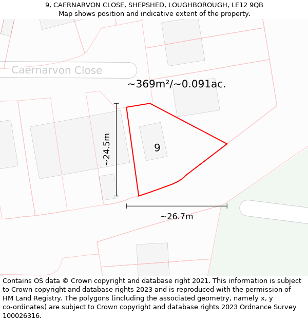 9, CAERNARVON CLOSE, SHEPSHED, LOUGHBOROUGH, LE12 9QB: Plot and title map