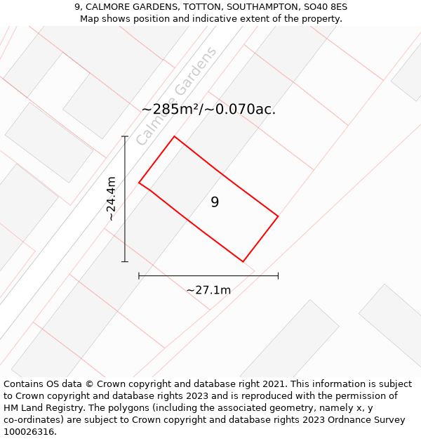 9, CALMORE GARDENS, TOTTON, SOUTHAMPTON, SO40 8ES: Plot and title map