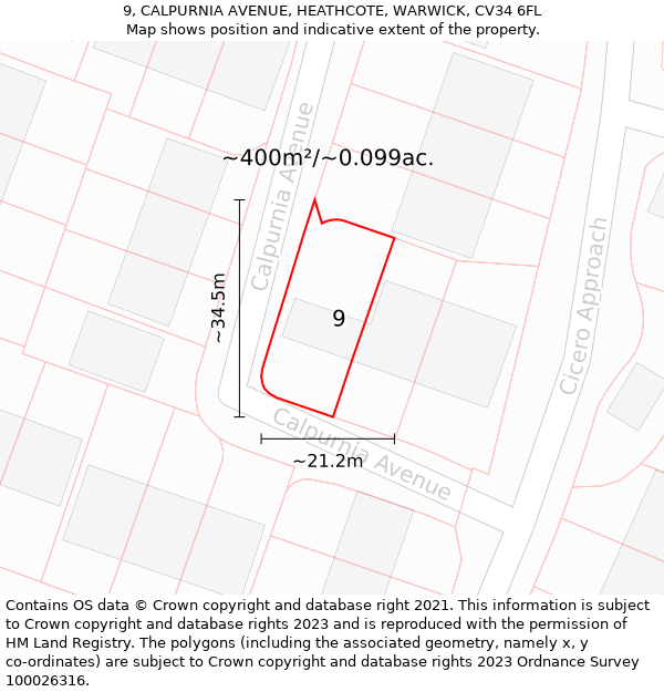 9, CALPURNIA AVENUE, HEATHCOTE, WARWICK, CV34 6FL: Plot and title map