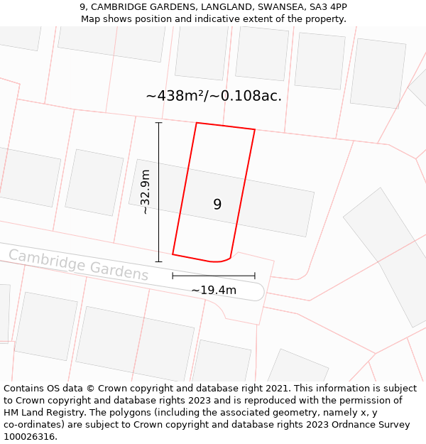 9, CAMBRIDGE GARDENS, LANGLAND, SWANSEA, SA3 4PP: Plot and title map