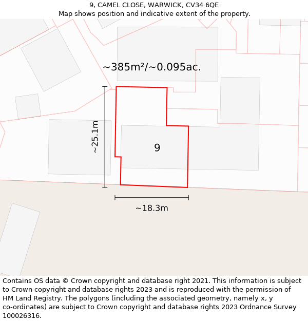 9, CAMEL CLOSE, WARWICK, CV34 6QE: Plot and title map