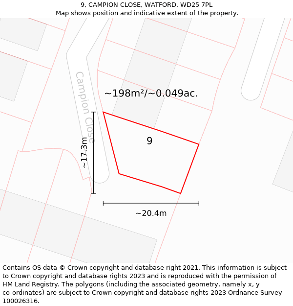 9, CAMPION CLOSE, WATFORD, WD25 7PL: Plot and title map