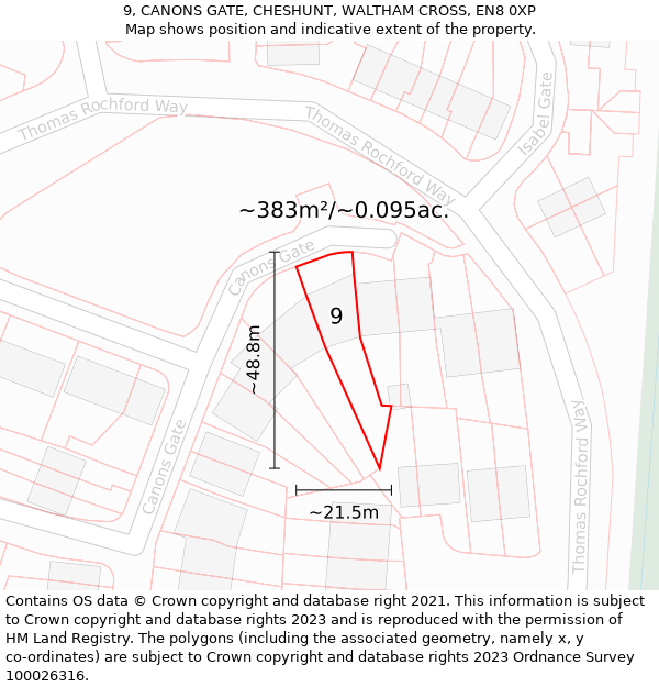 9, CANONS GATE, CHESHUNT, WALTHAM CROSS, EN8 0XP: Plot and title map