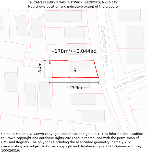 9, CANTERBURY ROAD, FLITWICK, BEDFORD, MK45 1TY: Plot and title map