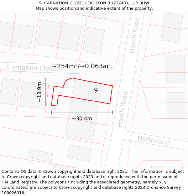 9, CARNATION CLOSE, LEIGHTON BUZZARD, LU7 3HW: Plot and title map