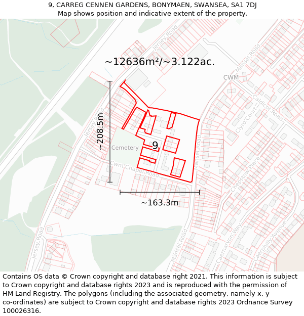 9, CARREG CENNEN GARDENS, BONYMAEN, SWANSEA, SA1 7DJ: Plot and title map