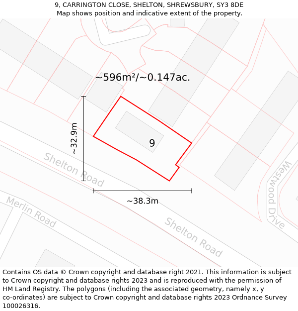 9, CARRINGTON CLOSE, SHELTON, SHREWSBURY, SY3 8DE: Plot and title map