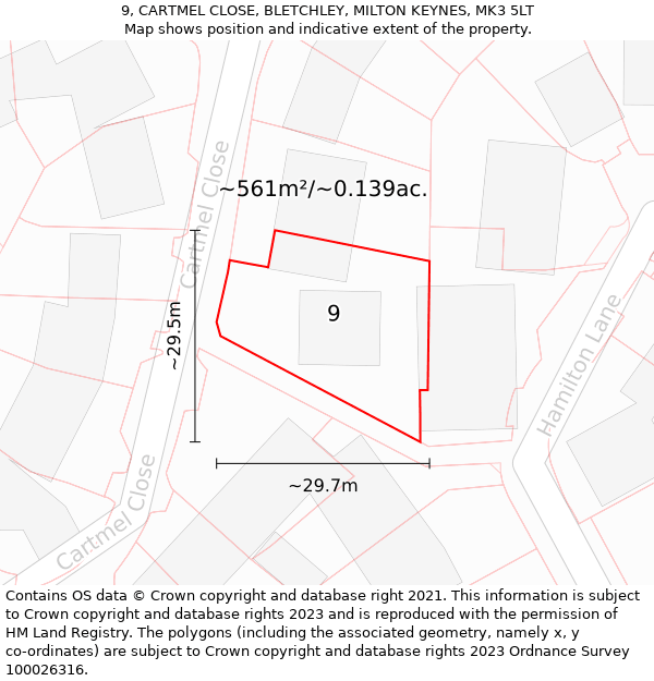 9, CARTMEL CLOSE, BLETCHLEY, MILTON KEYNES, MK3 5LT: Plot and title map