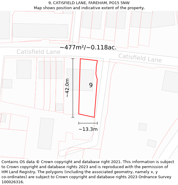 9, CATISFIELD LANE, FAREHAM, PO15 5NW: Plot and title map