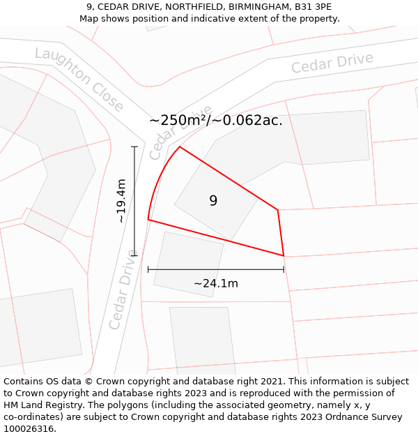 9, CEDAR DRIVE, NORTHFIELD, BIRMINGHAM, B31 3PE: Plot and title map