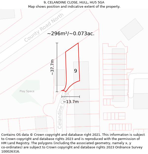 9, CELANDINE CLOSE, HULL, HU5 5GA: Plot and title map