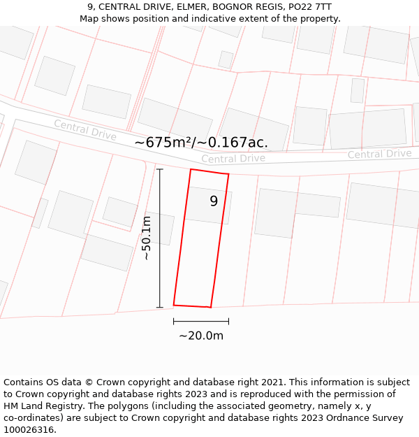 9, CENTRAL DRIVE, ELMER, BOGNOR REGIS, PO22 7TT: Plot and title map