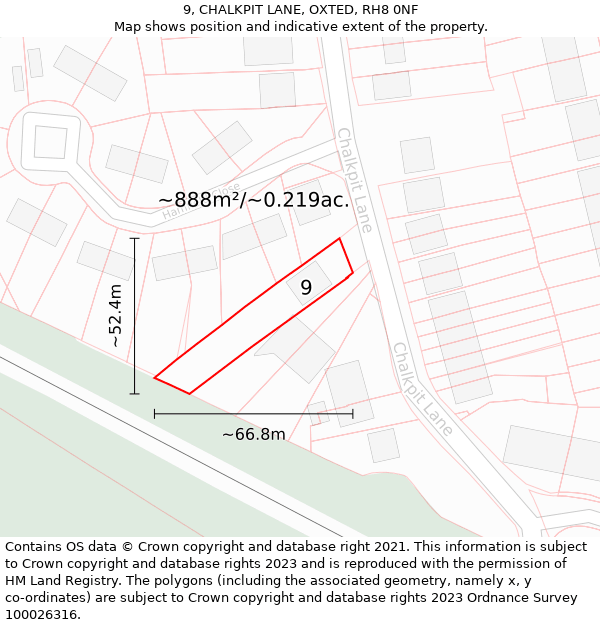 9, CHALKPIT LANE, OXTED, RH8 0NF: Plot and title map