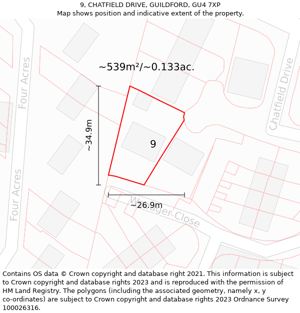 9, CHATFIELD DRIVE, GUILDFORD, GU4 7XP: Plot and title map