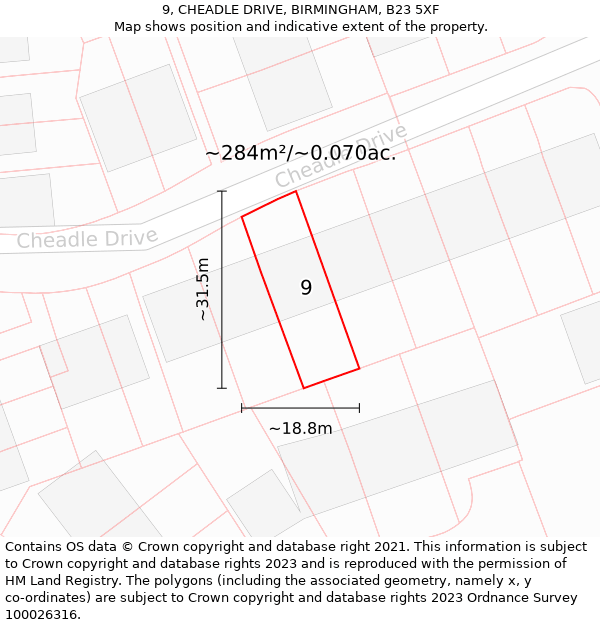 9, CHEADLE DRIVE, BIRMINGHAM, B23 5XF: Plot and title map