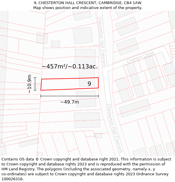 9, CHESTERTON HALL CRESCENT, CAMBRIDGE, CB4 1AW: Plot and title map