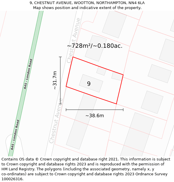 9, CHESTNUT AVENUE, WOOTTON, NORTHAMPTON, NN4 6LA: Plot and title map