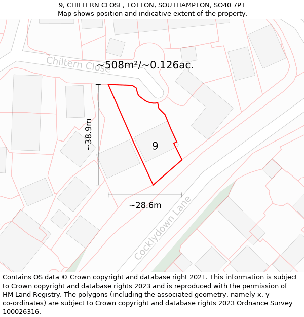 9, CHILTERN CLOSE, TOTTON, SOUTHAMPTON, SO40 7PT: Plot and title map