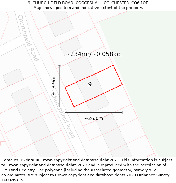 9, CHURCH FIELD ROAD, COGGESHALL, COLCHESTER, CO6 1QE: Plot and title map