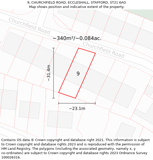 9, CHURCHFIELD ROAD, ECCLESHALL, STAFFORD, ST21 6AG: Plot and title map