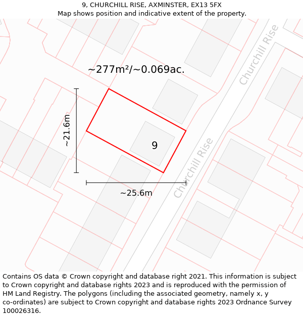 9, CHURCHILL RISE, AXMINSTER, EX13 5FX: Plot and title map