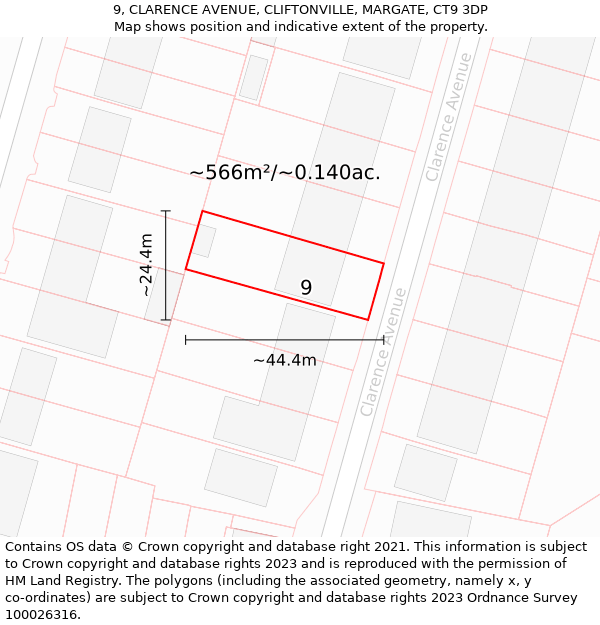 9, CLARENCE AVENUE, CLIFTONVILLE, MARGATE, CT9 3DP: Plot and title map