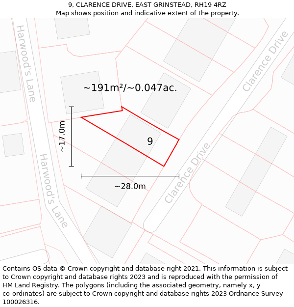 9, CLARENCE DRIVE, EAST GRINSTEAD, RH19 4RZ: Plot and title map