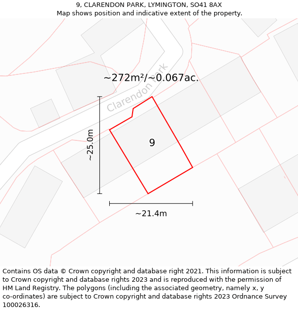 9, CLARENDON PARK, LYMINGTON, SO41 8AX: Plot and title map