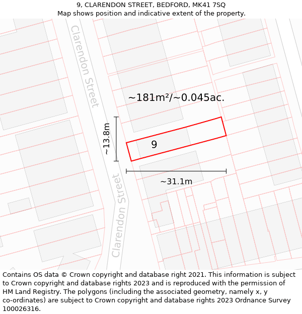 9, CLARENDON STREET, BEDFORD, MK41 7SQ: Plot and title map