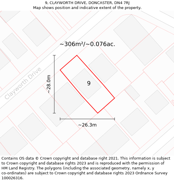 9, CLAYWORTH DRIVE, DONCASTER, DN4 7RJ: Plot and title map