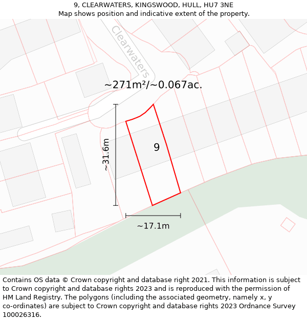 9, CLEARWATERS, KINGSWOOD, HULL, HU7 3NE: Plot and title map