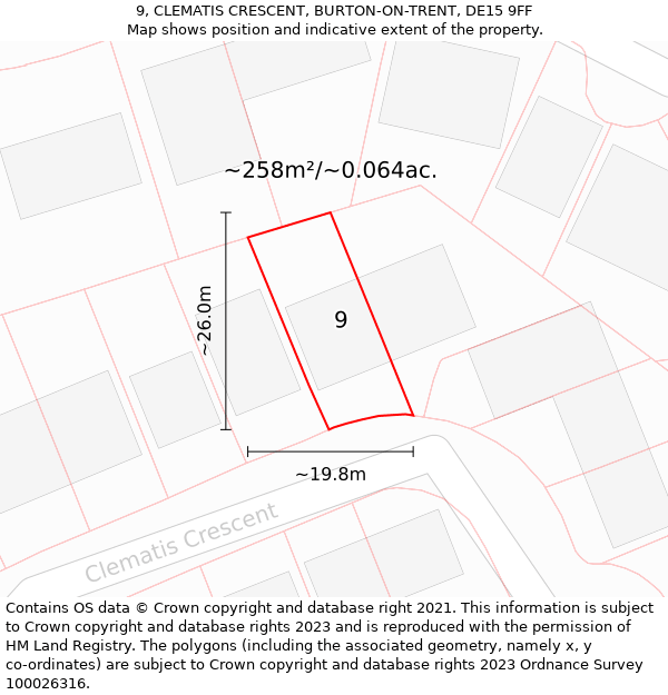 9, CLEMATIS CRESCENT, BURTON-ON-TRENT, DE15 9FF: Plot and title map