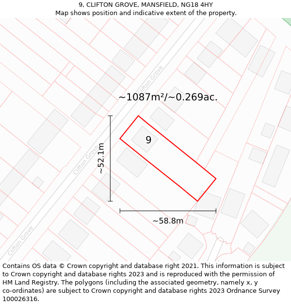 9, CLIFTON GROVE, MANSFIELD, NG18 4HY: Plot and title map