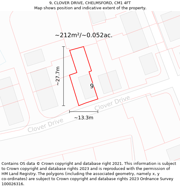 9, CLOVER DRIVE, CHELMSFORD, CM1 4FT: Plot and title map