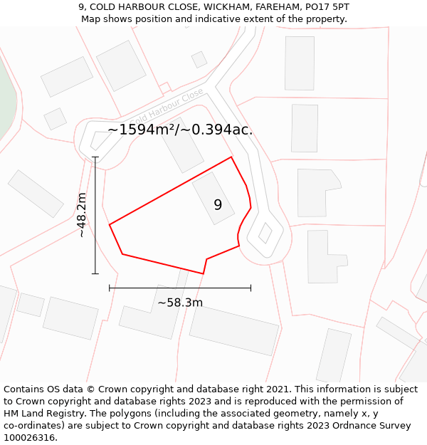 9, COLD HARBOUR CLOSE, WICKHAM, FAREHAM, PO17 5PT: Plot and title map