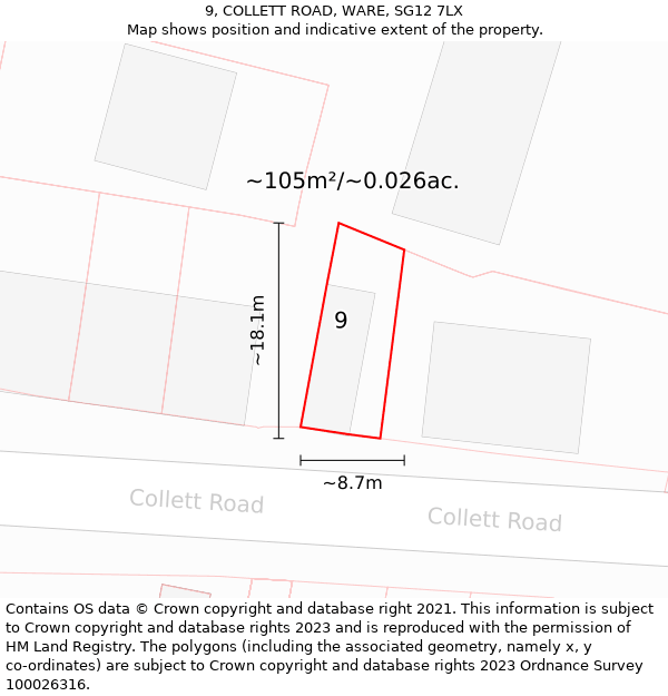 9, COLLETT ROAD, WARE, SG12 7LX: Plot and title map