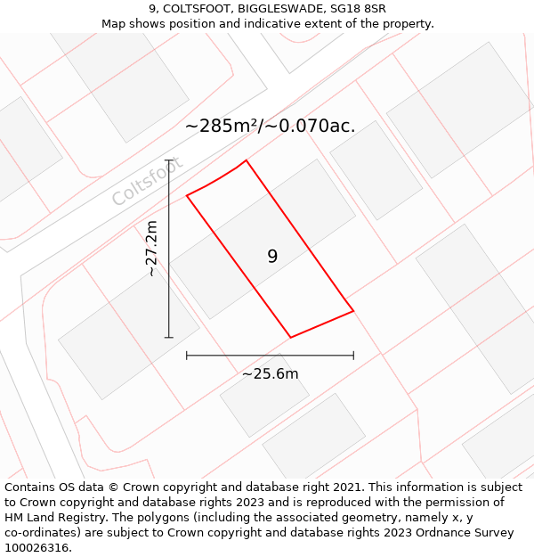 9, COLTSFOOT, BIGGLESWADE, SG18 8SR: Plot and title map