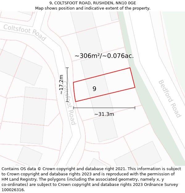 9, COLTSFOOT ROAD, RUSHDEN, NN10 0GE: Plot and title map