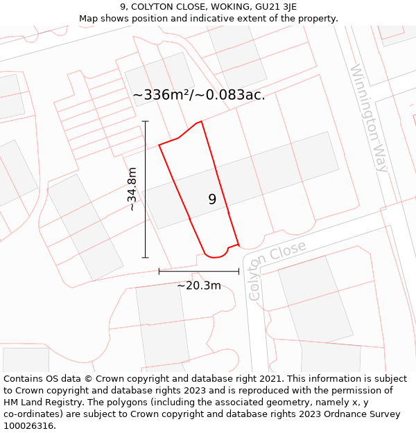 9, COLYTON CLOSE, WOKING, GU21 3JE: Plot and title map