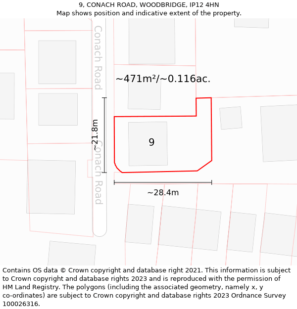 9, CONACH ROAD, WOODBRIDGE, IP12 4HN: Plot and title map