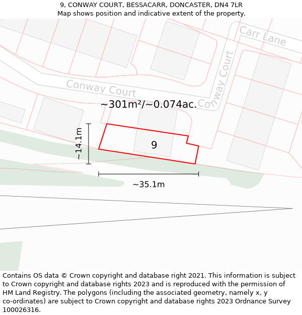9, CONWAY COURT, BESSACARR, DONCASTER, DN4 7LR: Plot and title map