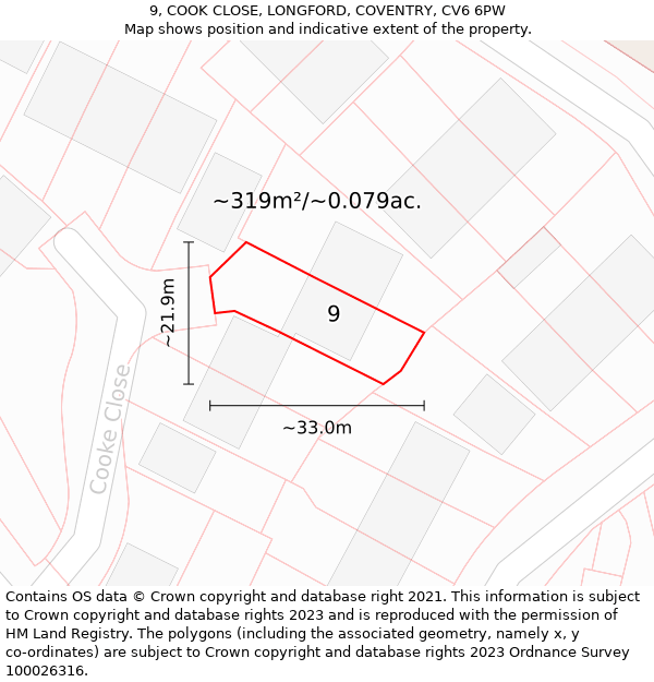 9, COOK CLOSE, LONGFORD, COVENTRY, CV6 6PW: Plot and title map