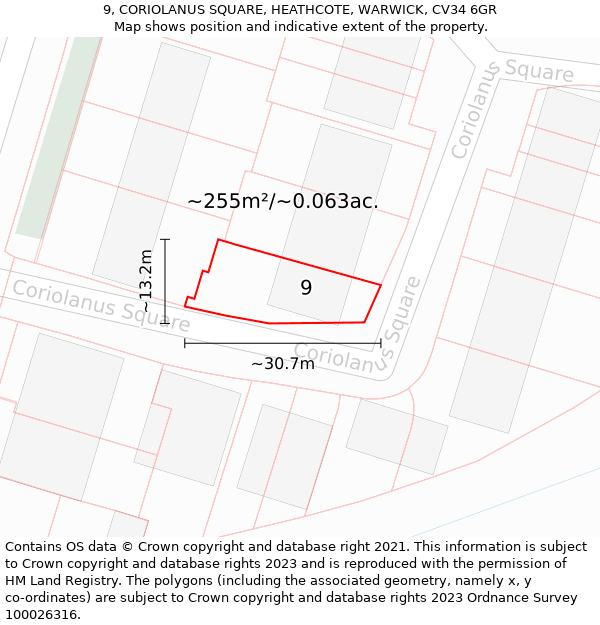 9, CORIOLANUS SQUARE, HEATHCOTE, WARWICK, CV34 6GR: Plot and title map