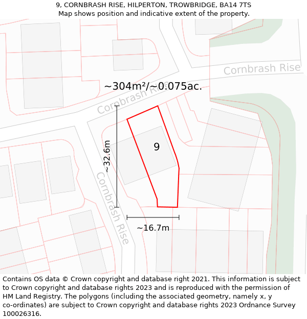 9, CORNBRASH RISE, HILPERTON, TROWBRIDGE, BA14 7TS: Plot and title map