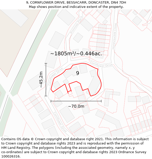 9, CORNFLOWER DRIVE, BESSACARR, DONCASTER, DN4 7DH: Plot and title map