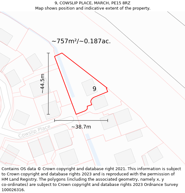 9, COWSLIP PLACE, MARCH, PE15 8RZ: Plot and title map