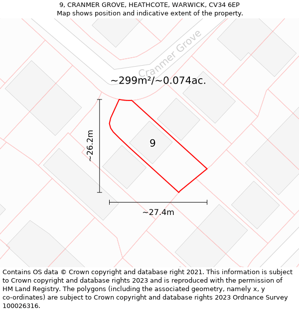 9, CRANMER GROVE, HEATHCOTE, WARWICK, CV34 6EP: Plot and title map