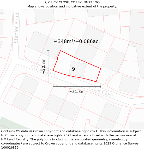 9, CRICK CLOSE, CORBY, NN17 1XQ: Plot and title map